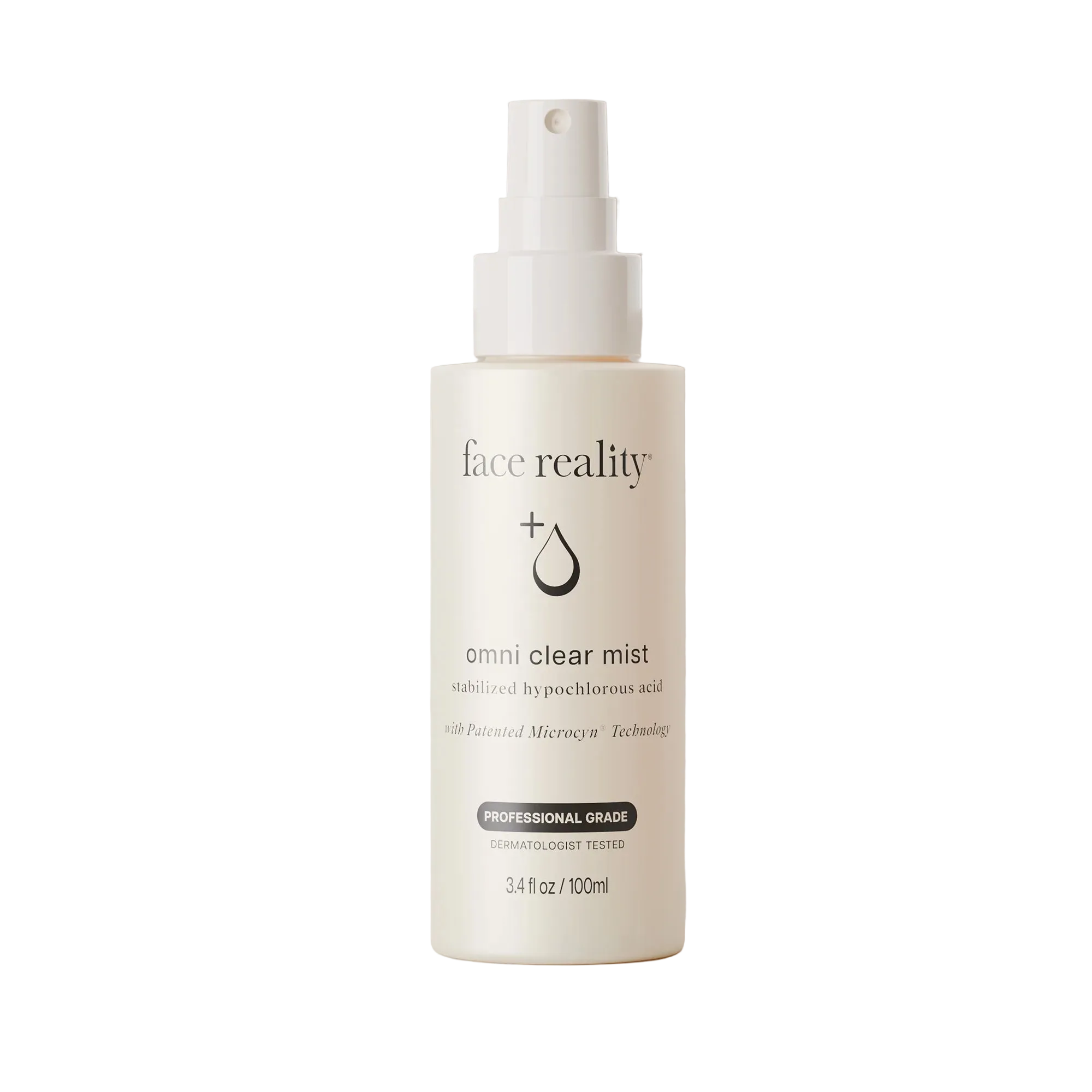 A 3.4 fl oz / 100 ml bottle of Face Reality Omni Clear Mist, a professional hypochlorous acid spray, shown on a neutral beige background.